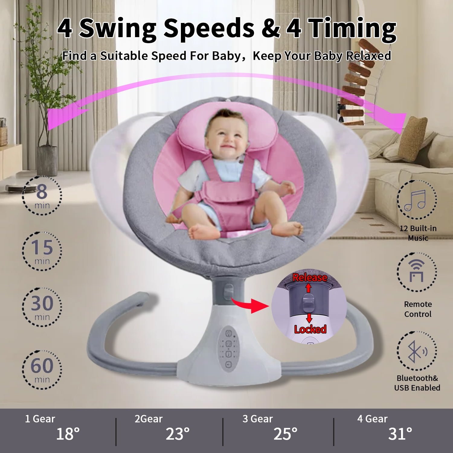 FACNOATIHN Electric Baby Swing, Infant Bouncer Chair Rocker with 12 Lullabies, Bluetooth Music, Adjustable Speeds, 4 Timing Set, Unisex, Pink