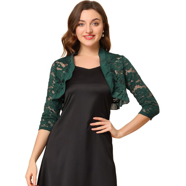 INSPIRE CHIC Women's Elegant Ruffle Collar Front 3/4 Sleeve Lace Shrug Top