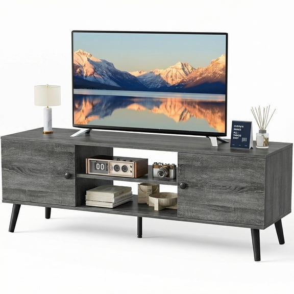 Gianna Mid-Century Modern Wooden TV Stand for 55-60” TVs, 2 Storage Cabinets, Adjustable Shelf, Cable Management, Sturdy Legs, Easy Assembly, Wood Gray