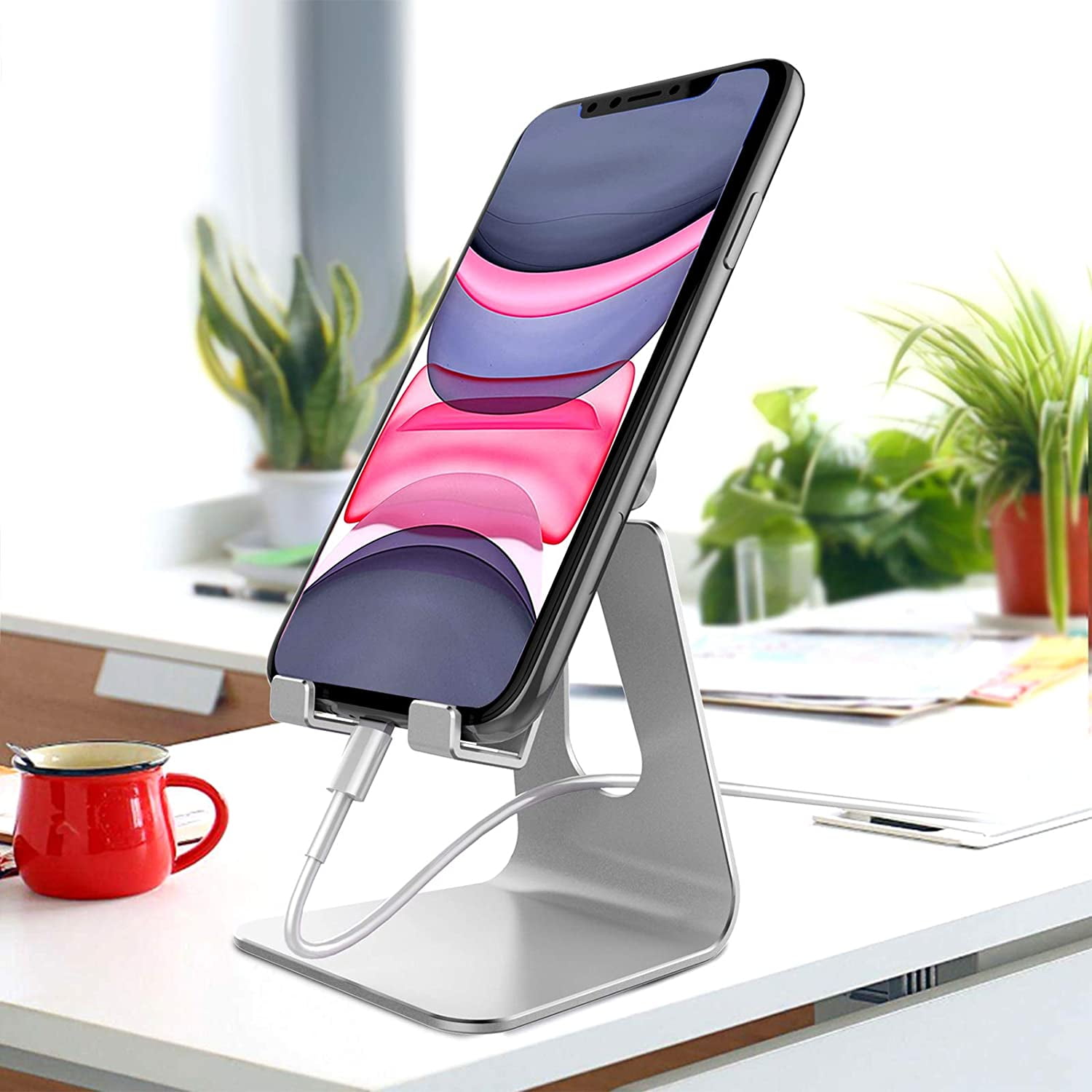 Adjustable Cell Phone Stand, Cradle, Dock, Holder, Aluminum Desktop Stand Compatible with Xs Max Xr 8 7 6 6s Plus SE Charging, Accessories Desk,All Mobile Phones-Silver