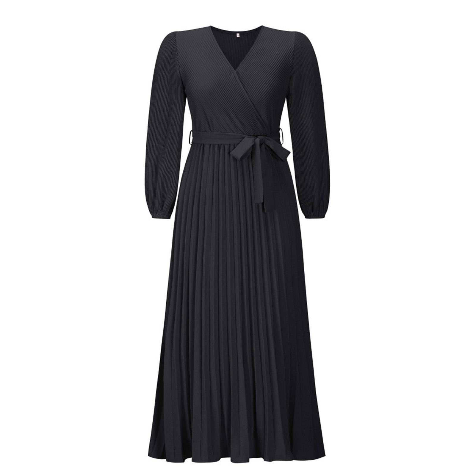 Women's V Neck Pleated A-line Dress 2024 Fall Long Sleeve Casual Swing Maxi Long Dresses for Party Wedding Guest