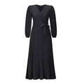 thumbnail image 4 of AKAFMK Dresses for Women 2024 Casual Slim Pleated Belted Long-Sleeve V-Neck A-Line Solid Color Dress Party Maxi Dresses Black, 4 of 6
