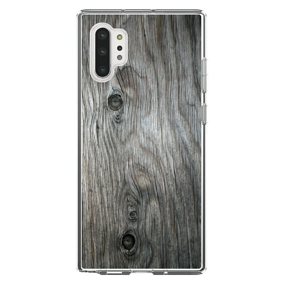 DistinctInk Clear Shockproof Hybrid Case for Galaxy Note 10 PLUS (6.8" Screen) - TPU Bumper, Acrylic Back, Tempered Glass Screen Protector - Grey Weathered Wood Grain Print - Printed Wood Image