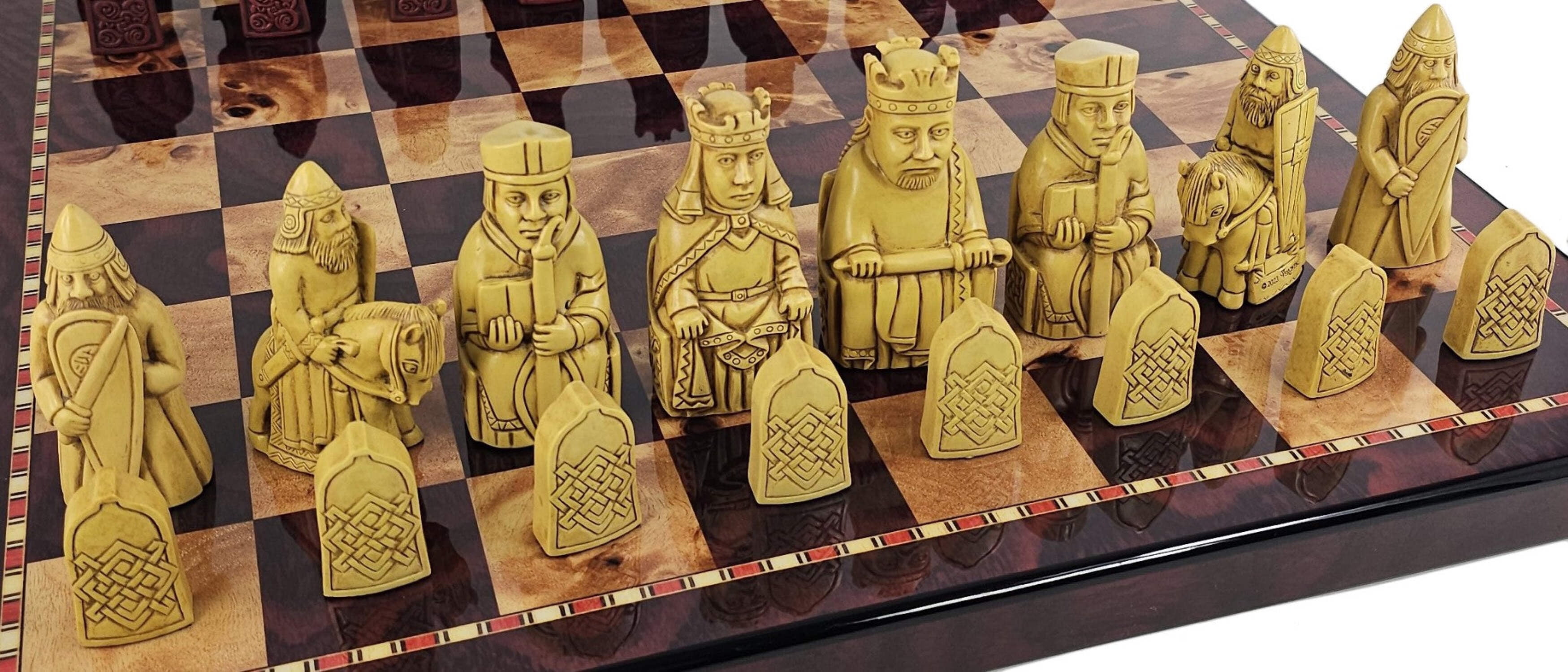 Large Isle of Lewis RED Chess Set 3 1/4" King with 18" Cherry Color Board