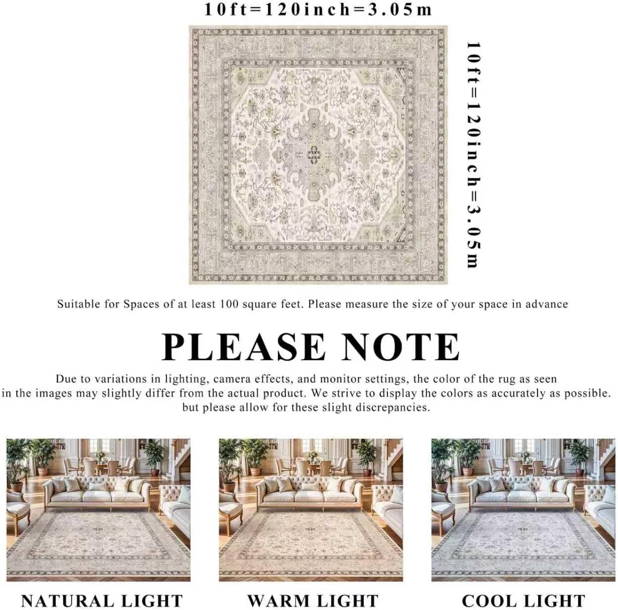 YOUFORTONG 8x8 Square Living Room Area Rug,Oriental Soft Rug,Non-Slip Thin Stain Resistant Indoor Carpet,Ivory