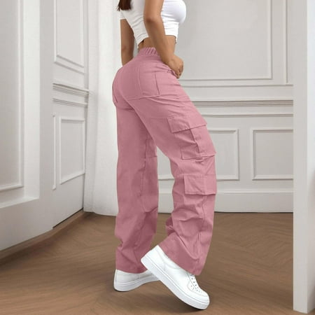 Plus Size Cargo Pants for Women High Waisted Elastic Waist Hiking Pants Baggy Stretchy Wide Leg Streetwear Trousers for Outdoor Work and Daily Wear Pink XXL