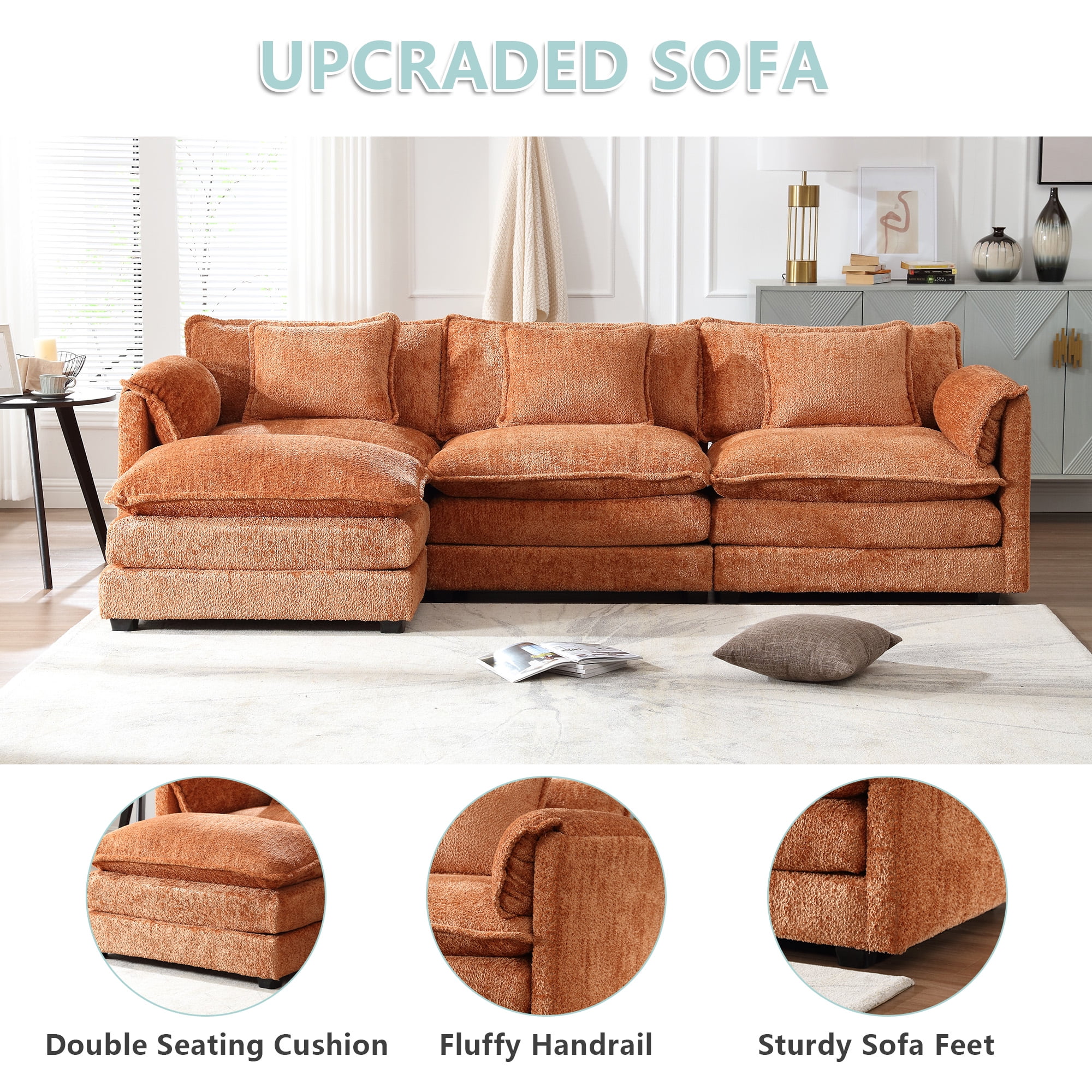 MOONMISS Modern Large Fabric L-Shaped Sofa Chenille Fabric, Movable Pedestal, Removable Armrests, Oversized 9-Seater Sofa