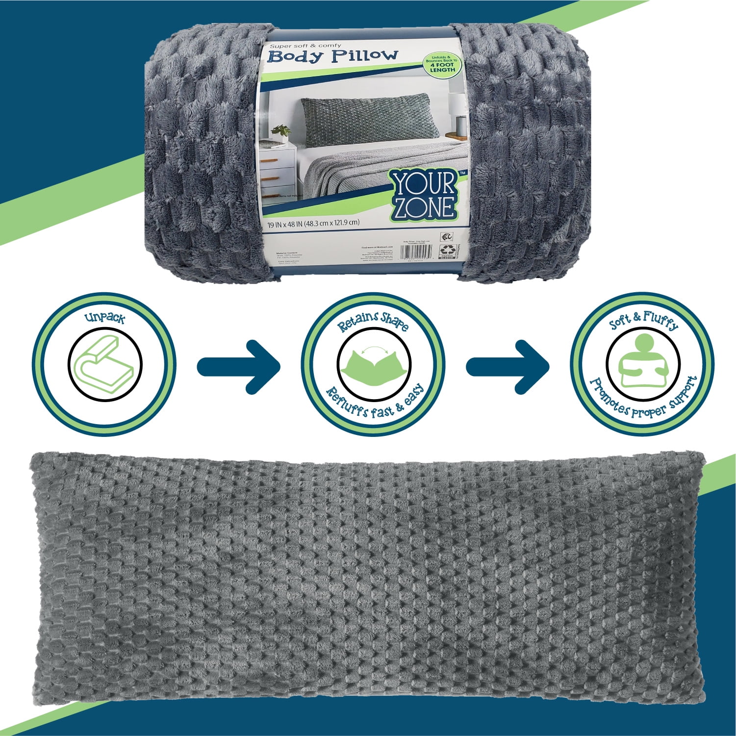 Your Zone Grey Textured Honeycomb Plush Body Pillow, 20" x 48"