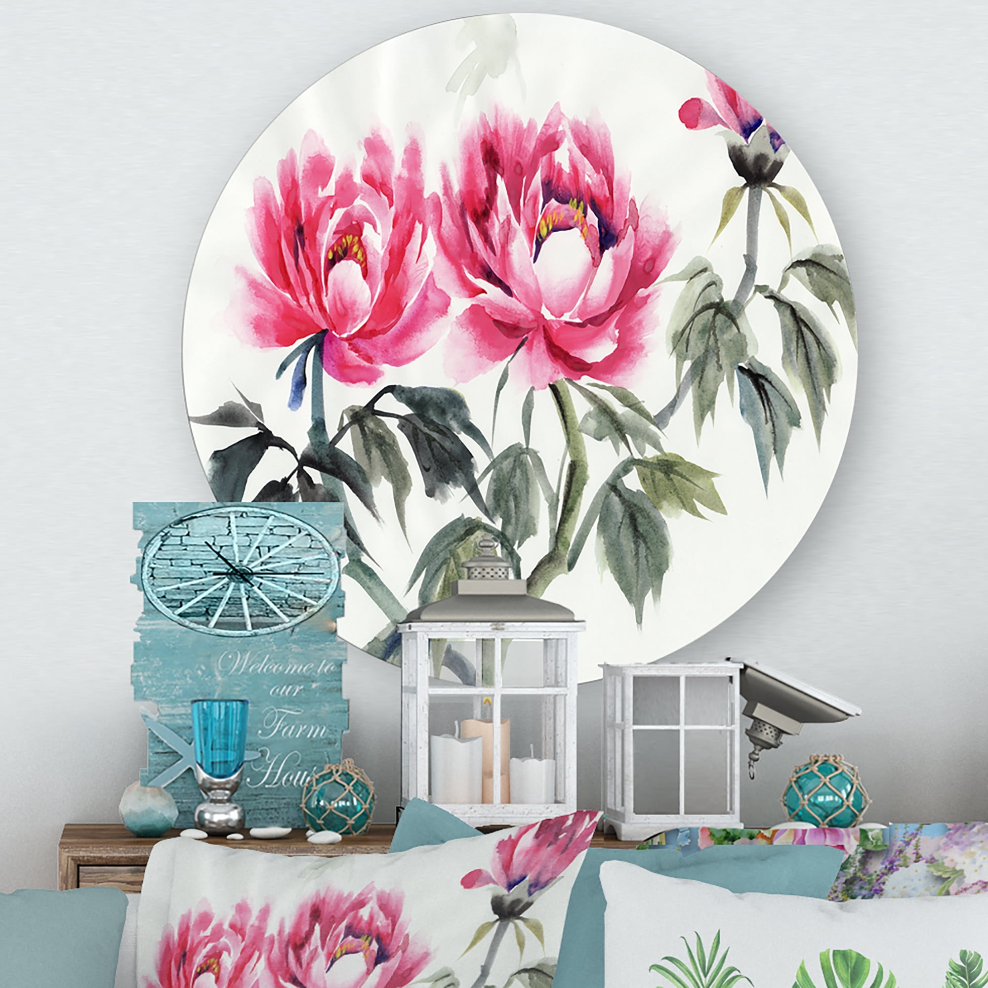 Designart 'Ancient Purple Peonies Branch' Traditional Circle Metal Wall Art 23x23 - Disc of 23