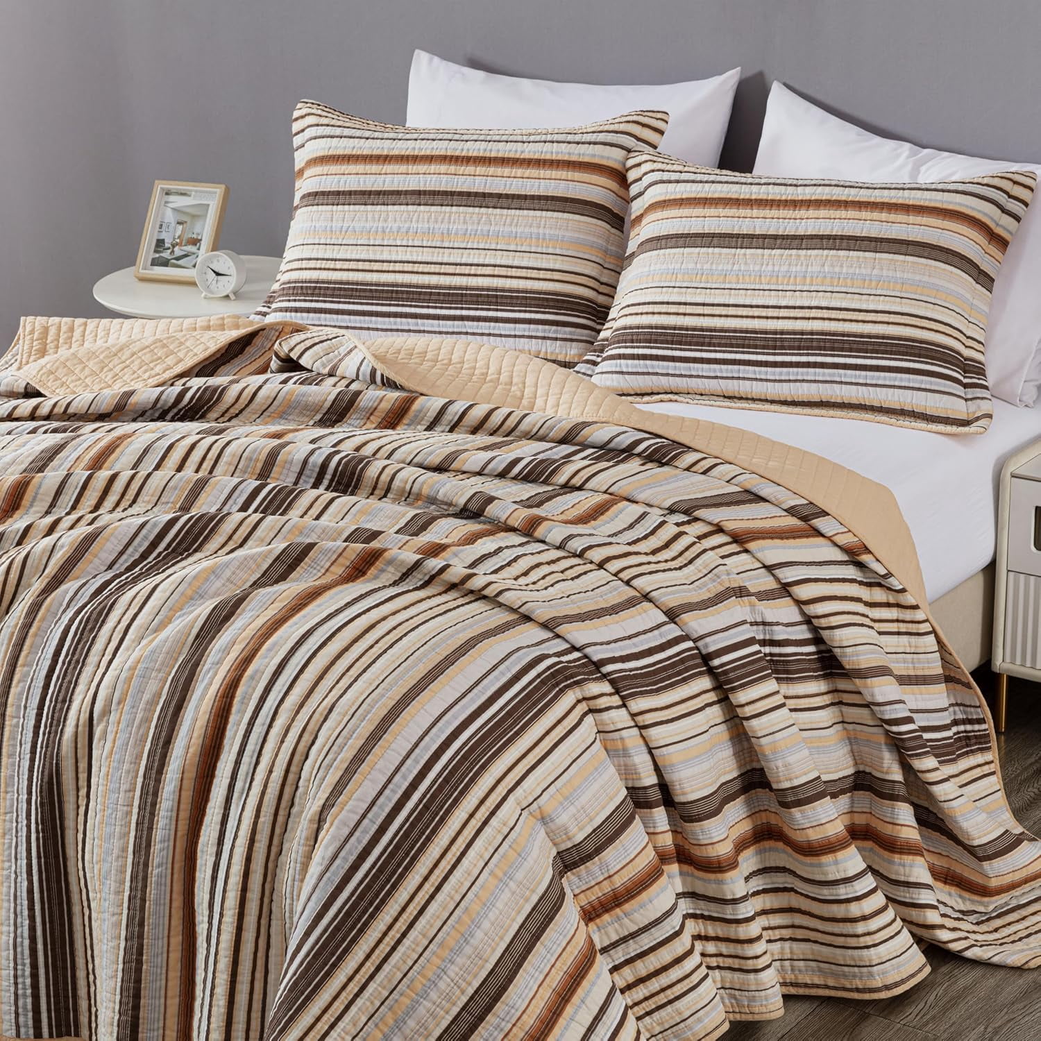 Chezmoi Collection Avery Striped Cotton Quilt Set Queen Size, 3-Piece Soft Pre-Washed 100% Cotton Quilt, Multi-Color Brown