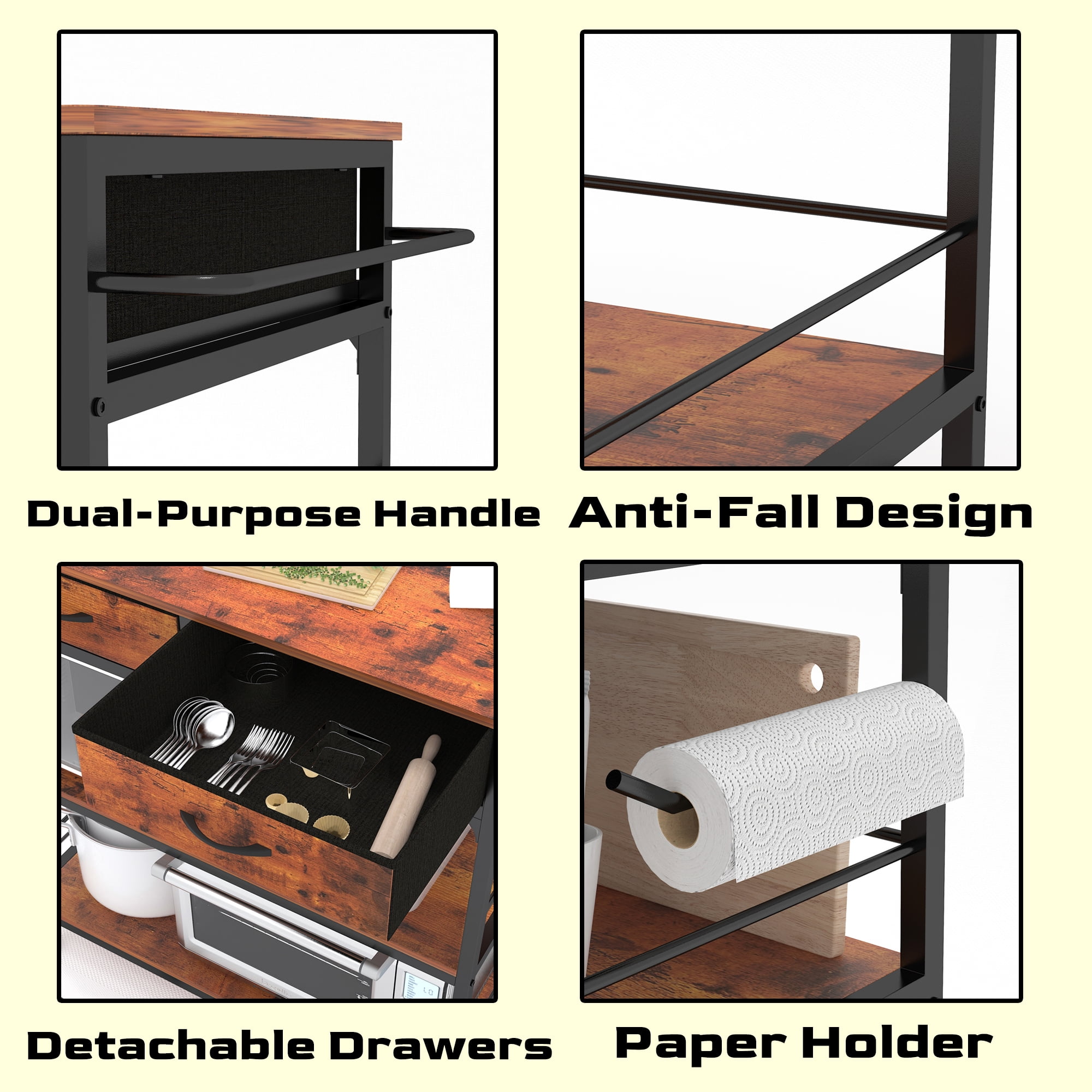 NAIYUFA Adjustable Kitchen Island with Large Capacity Wood , 3 Tiers Rolling Storage Cart with Power Outlet, Movable Microwave oven rack,brown