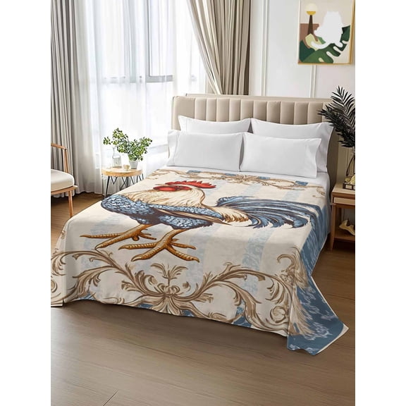 King Size Flat Sheet Only,Retro Farm Rooster Soft Top Bed Sheets Breathable Bedding Sheet Blue Geometric Striped Microfiber Hotel Luxury Top Sheets