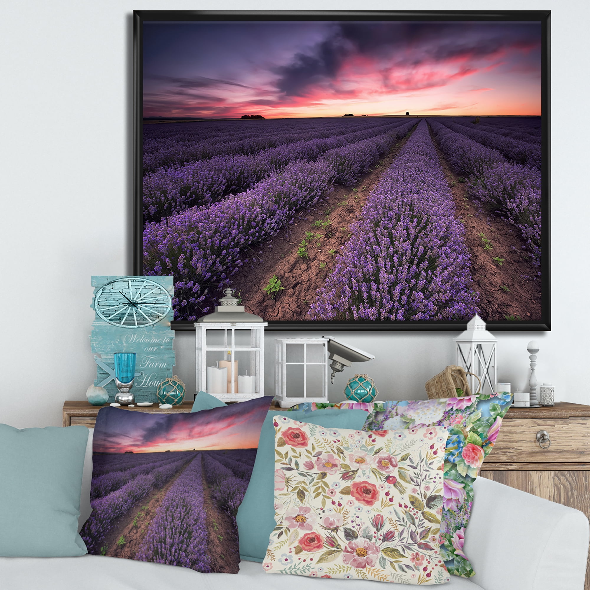 Designart 'Dramatic Clouds and Sunrise Over Lavender Field IX' Farmhouse Framed Canvas Wall Art Print