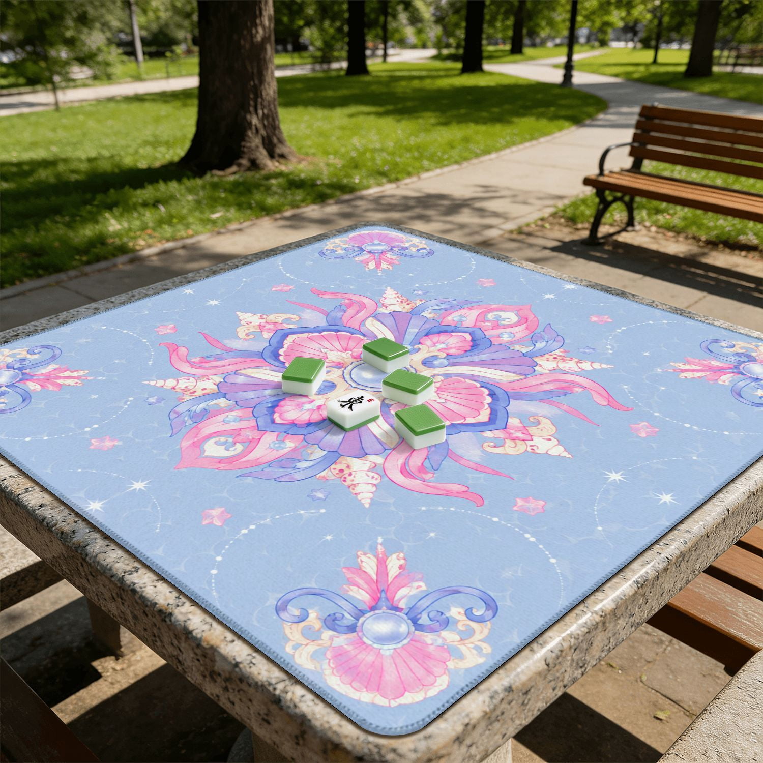 Mahjong Mat 31.5" x 31.5" Pink Ribbon Floral Blue Geometric Non-Slip Noise Reduction American Mahjong Tiles Table Cover for Dominoes Poker Card Board Games Gift