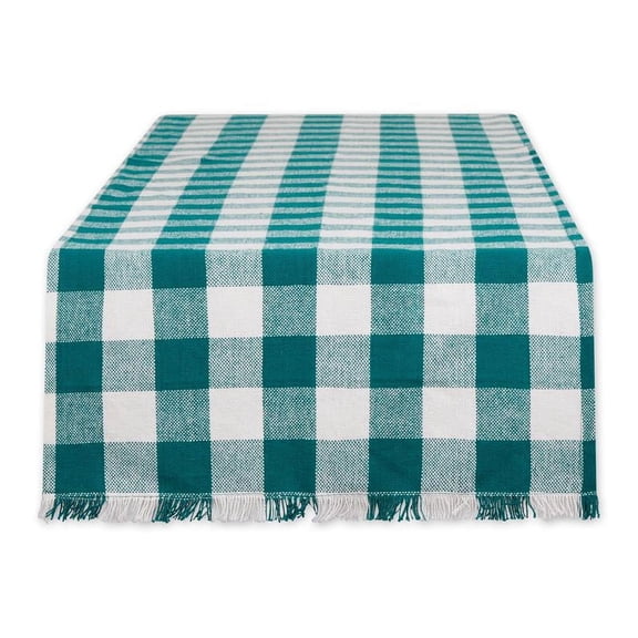 Teal Heavyweight Checkered Fringed Cotton Table Runner With Rustic Charm 14 x108