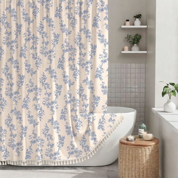 Sanmadrola Blue Shower Curtain Floral Plant Shower Curtain Set with Tassels, Heavy Duty Faux Cotton Linen Cottagecore Boho Vintage Rustic Shower Curtains with Hooks for Bathroom Decor, 72x72 in