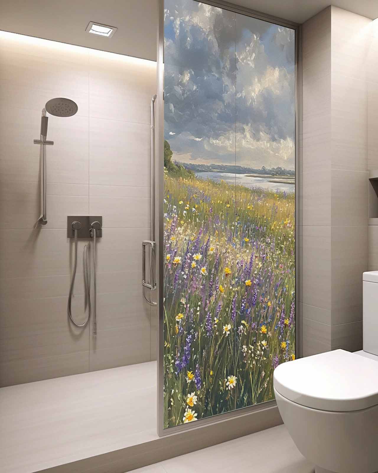 Window Privacy Film Spring Floral Stained Glass Window Film Decorative Sun Block Window Cover Pastoral Botanical Oil Painting Flower Window Clings Static Adhesive Sticker for Bathroom 29.5"x78.7"