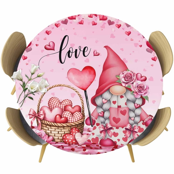 Valentine's Day Round Tablecloth, Fitted Table Cover with Elastic for 36"-44" Round Tables, Pink Love Gnomes Roses Ombre Romantic Table Cloth Outdoor Indoor Dinning Party Waterproof Tablecloths