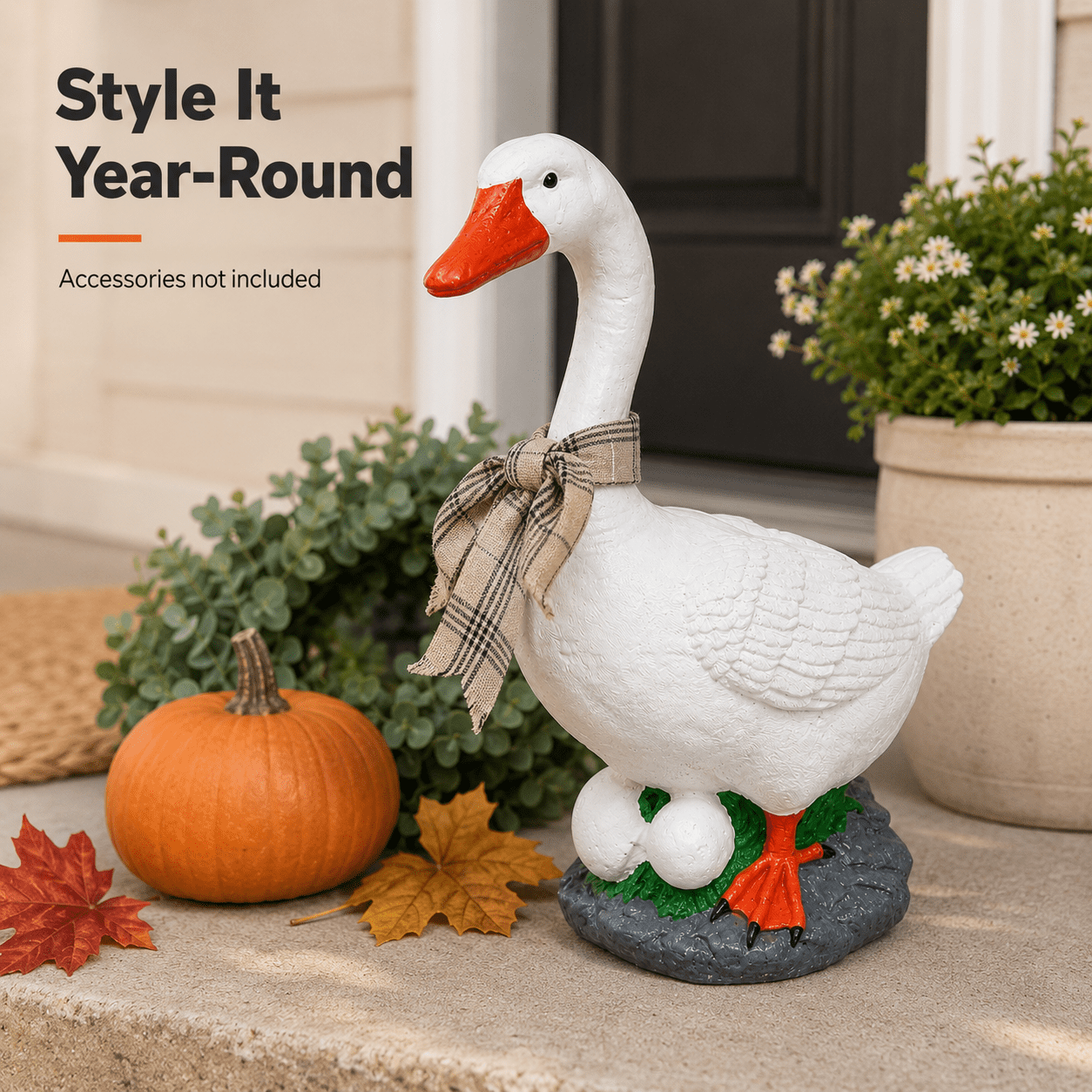 Large 19″ Cement porch Goose Statue, American Dress up goose statue, life-size American sculpture, Bird garden decor, outdoor Gift for mom