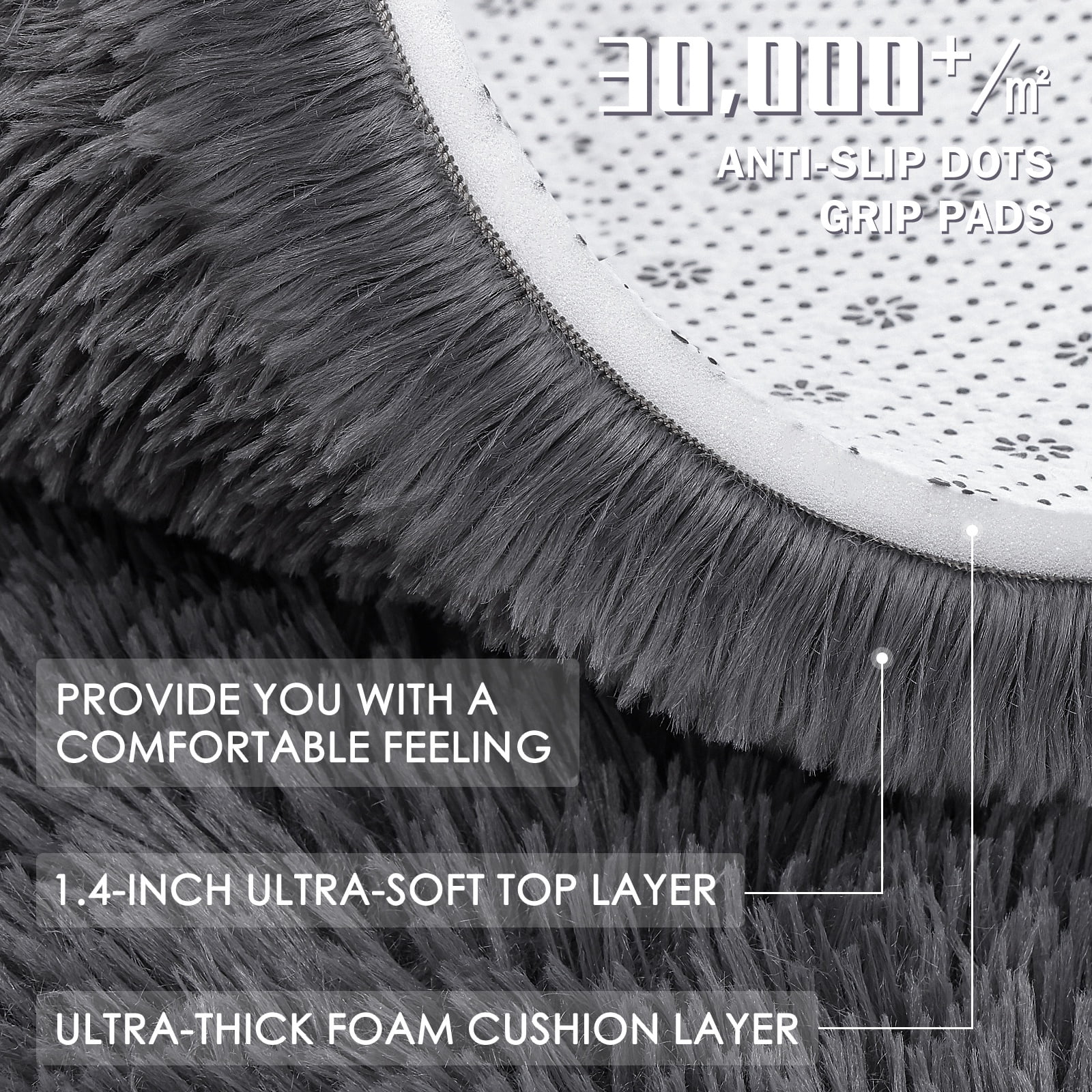 Buganda Fluffy Area Rugs, Round Area Rug for Living Room, Soft Decorative Carpet for Indoor Home, 5'x5', Grey