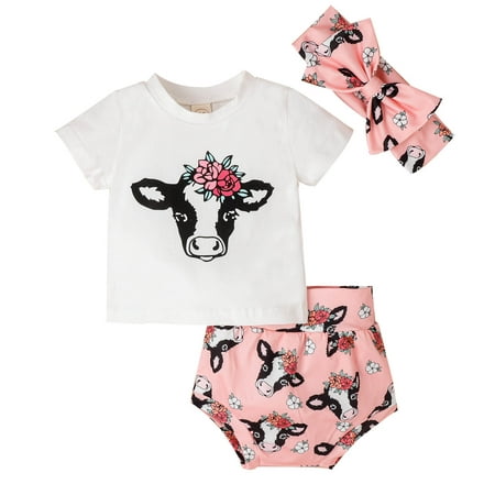 

Rovga Outfits For Toddler Girls Short Sleeve Cartoon Cow Prints T Shirt Tops Shorts Headbands Outfits