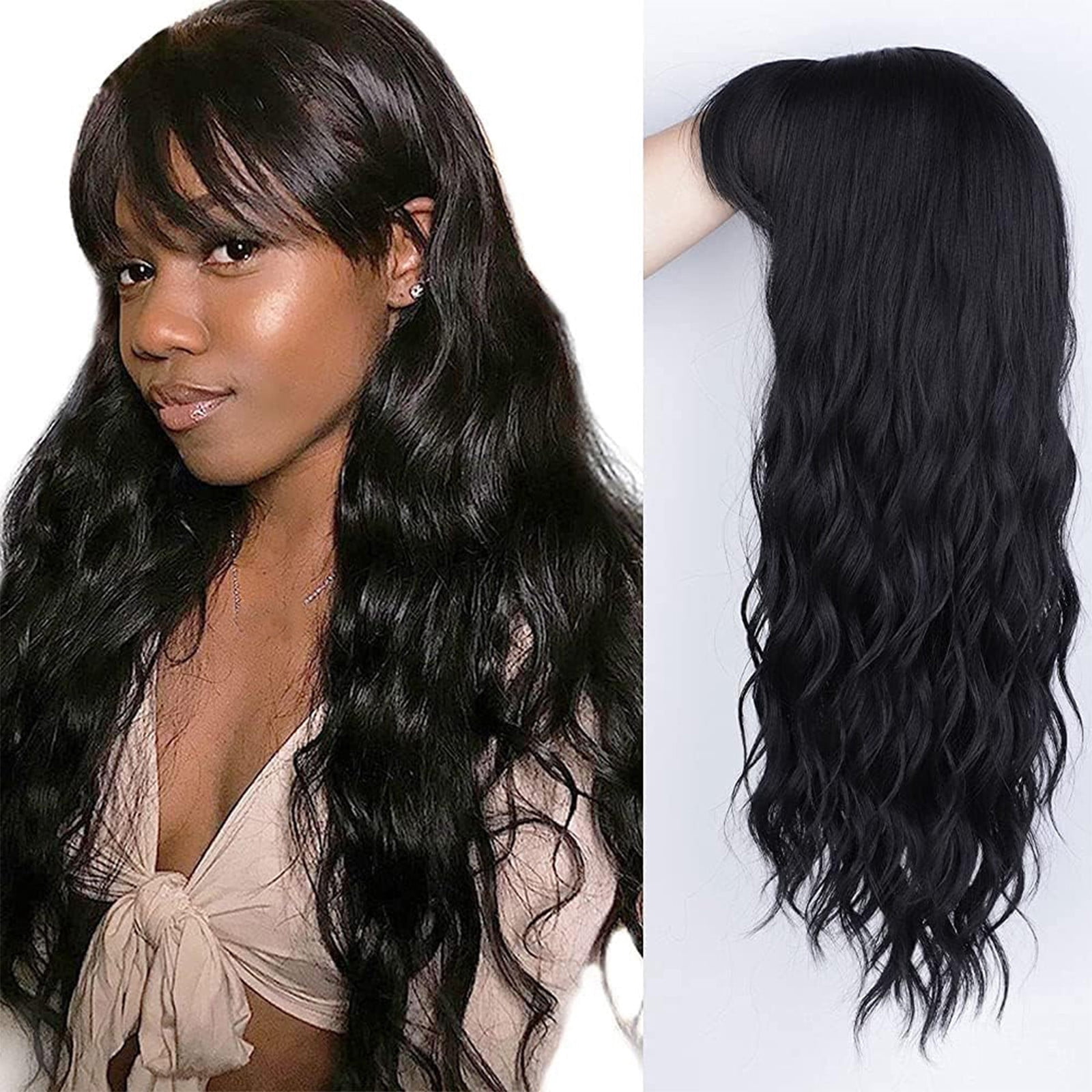 YSGFHGJW Headband Wig Human Hair,Long Curly Wig With Bangs Hair Wig For Women Synthetic Natural Wig Various Colors Available Daily Wear Party And Cosplay Soft Wig,Black