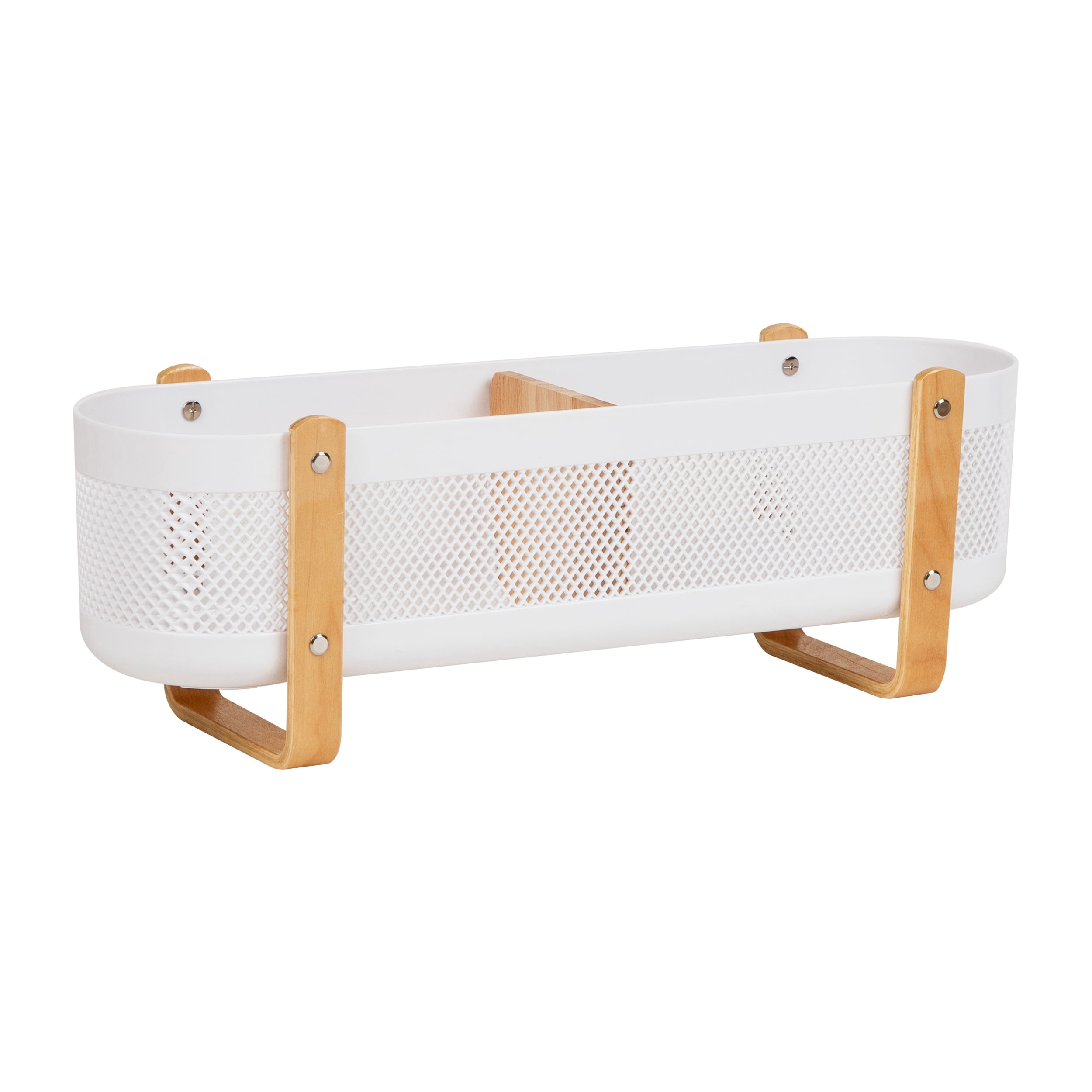 Mind Reader Divided Storage Basket with Legs, Desktop Organization, Office, Plastic, White and Brown