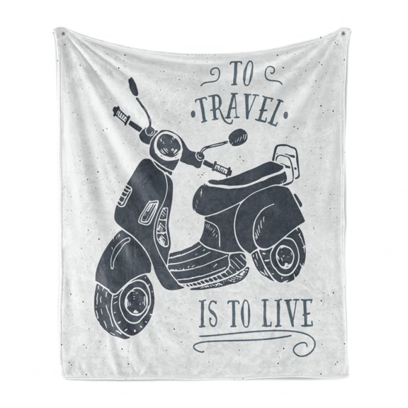 Motorcycle Soft Flannel Fleece Throw Blanket, Sketch Scooter with to Travel is to Live Words Hand Drawn Design, Cozy Plush for Indoor and Outdoor Use, 60" x 80", Dark Bluegrey and White, by Ambesonne