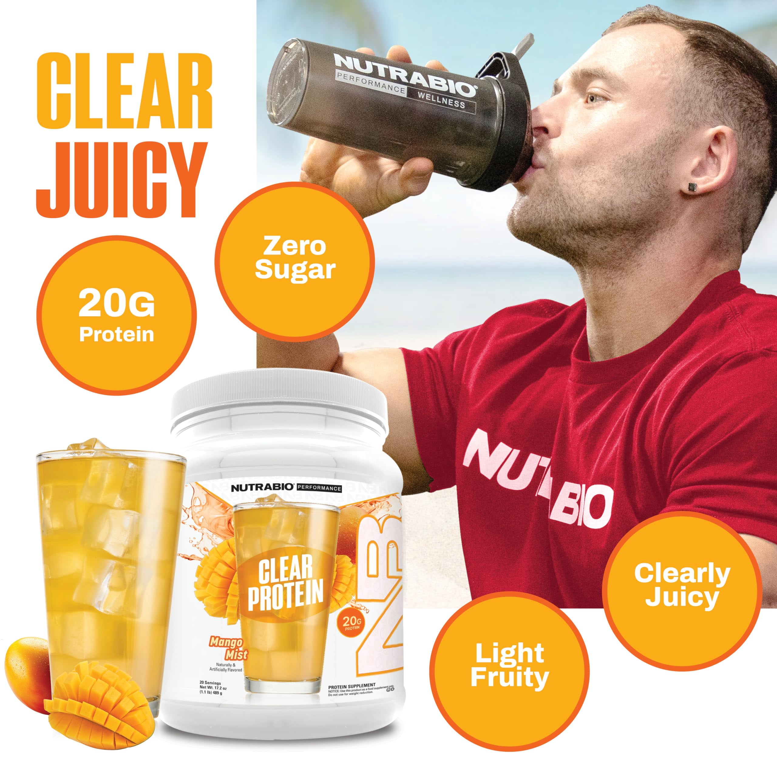 NutraBio Clear Whey Isolate Protein Powder, Delicious & Refreshing Fruit Flavors, Protein Juice, No Milky Taste, No Foam, Zero Sugar, Mango Mist, 20 Servings