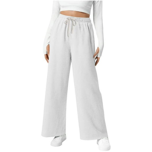 Women's Casual Waffle Pattern Pants, Relaxed Fit with Elastic Waist and Drawstring for Daily Wear, Comfortable Lounge Pants with Soft Breathable Fabric,White,M