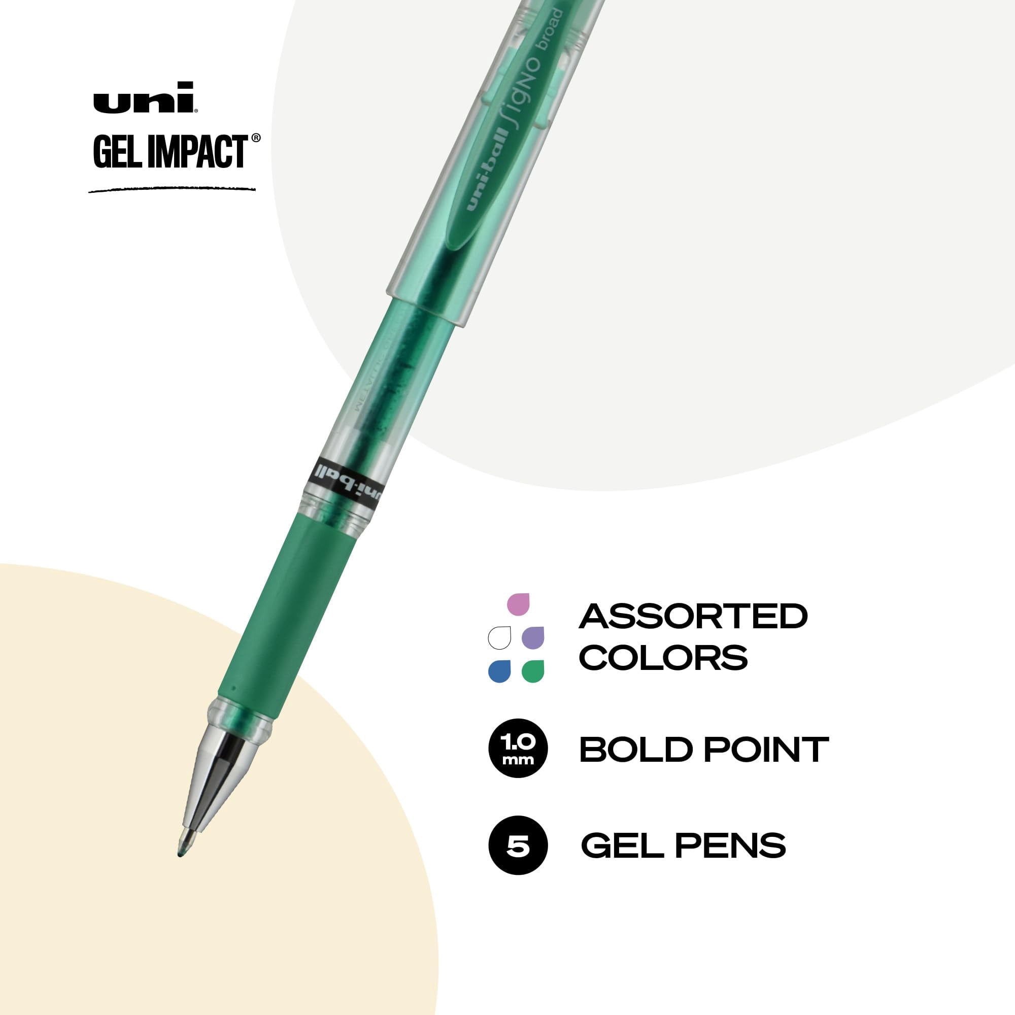 Uniball Signo 207 Gel Impact Stick Gel Pen, 5 Assorted Metallic Pens, 1.0mm Bold Point Gel Pens| Office Supplies, Ink Pens, Colored Pens, Fine Point, Smooth Writing Pens, Ballpoint Pens