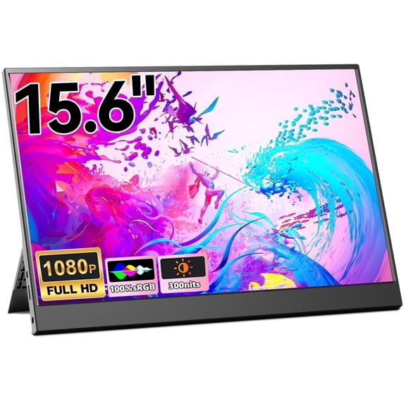 JEEJIA Portable Monitor for Laptop, 15.6 Inch, 1080P FHD, w/Adjustable Stand, USB-C/HDMI Plug & Play, Travel Edition