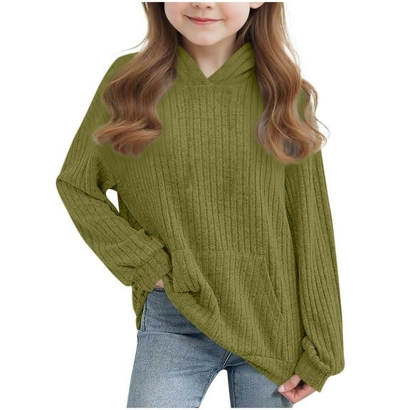 BFHHYA Kids Girls Ribbed Knit Hooded Sweatshirt Drop Shoulder Long Sleeve Pullover Casual Basic Top for Daily Commutes (4-14Y)