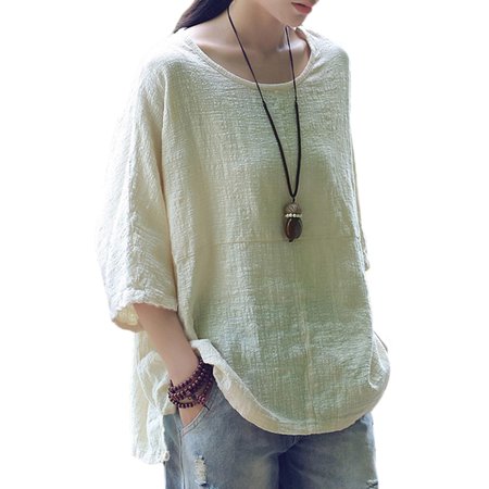 - Womens 3/4 Sleeve Cotton Linen Plain Casual T-Shirt Tops Blouses Plus Size