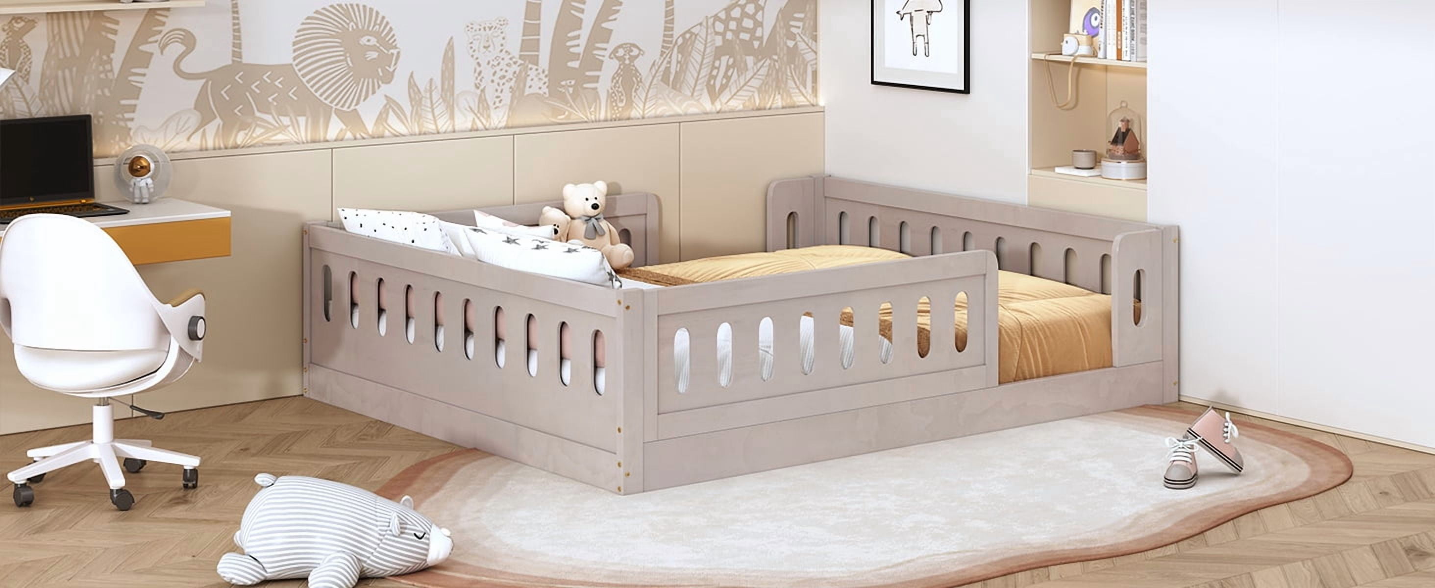 Solid Pine Wood Full Size Kids Platform Bed with Semi-Enclosed Safety Guardrail, Fits 6"-8" Mattress No Box Spring Needed Low Floor Bed