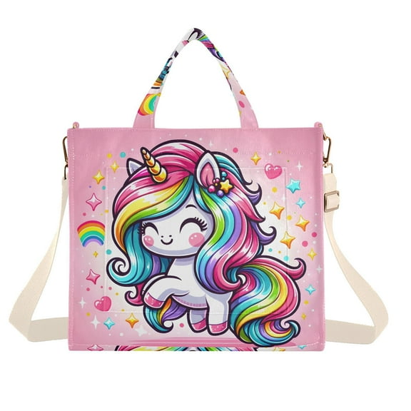 Cartoon Rainbow and Color Unicorn Corduroy Tote Bag Handbag Large Messenger Bag Shoulder Crossbody Zipper Bag Purse