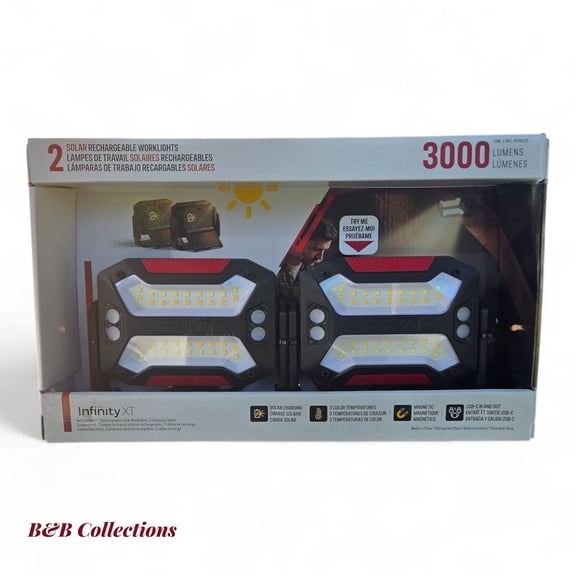 Infinity X1 Solar Rechargeable Work Lights, 2-Pack, 3000 Lumens, LED Portable Flood Lights with USB-C Charging & Magnetic Base