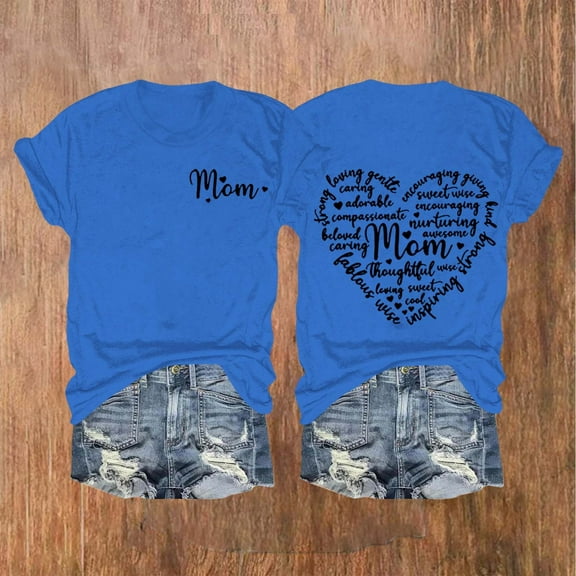 Dorinao Mama Shirts for Women Short Sleeve Love Letter Printed Graphic Mom Tee Tops, Blue, L