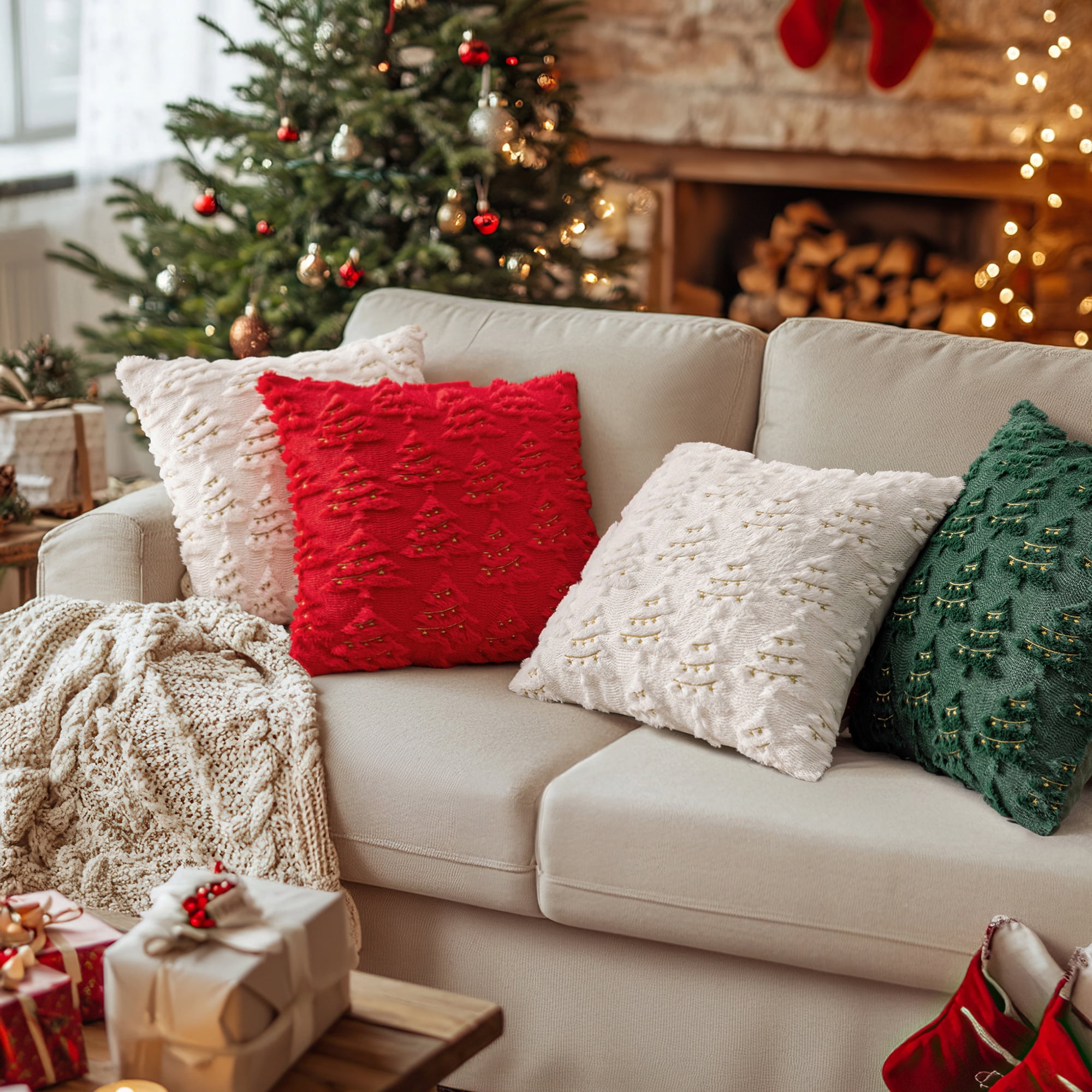 Christmas Tree Decorative Throw Pillow Covers Set of 2, Faux Fur Farmhouse Throw Pillows Cushion Cases for Xmas Winter Holiday Home Decorations