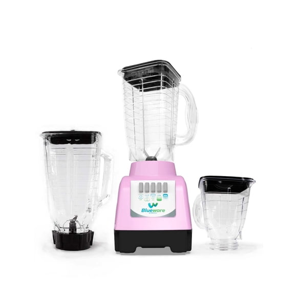 Licuadora Blueware 400W 3 Vasos 1.2L Vidrio + 1.2L y 750ml Plástico 2 Velocidades con Pulso Rosa