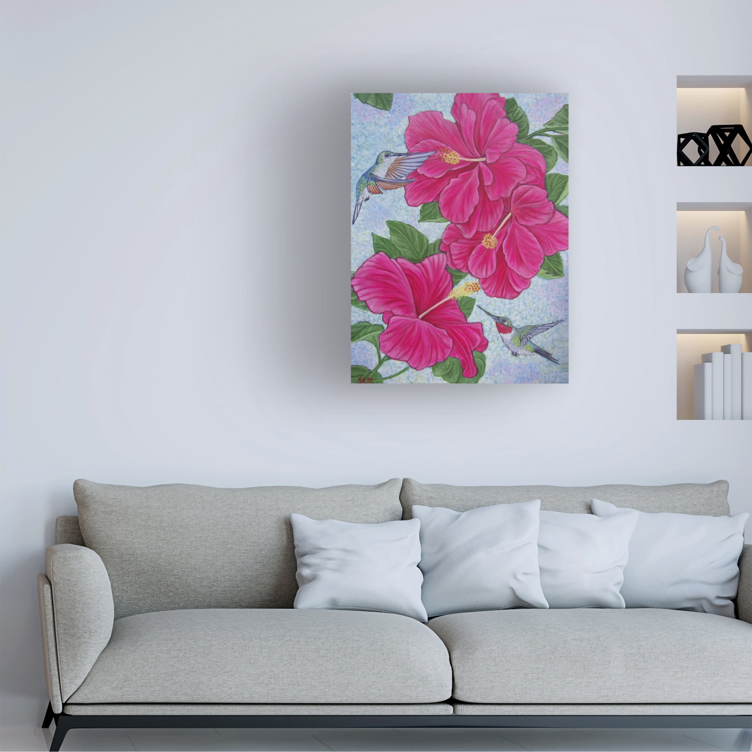 Canvas Wall Art - Sofya Mikeworth 'Hummingbirds and Hibiscus Flowers' Wall Art for Living Room, Bedroom, or Office DÃ©cor by Trademark Fine Art - 14 x 19 Inches