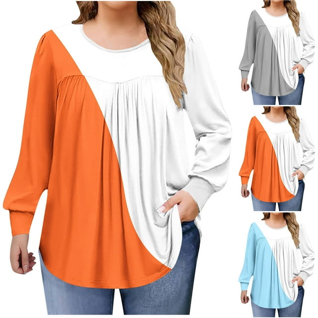 JDQJBZ Hauts d'Été pour Femmes, Hauts Grande Taille pour Femmes Hauts à Manches Longues Patchwork Couleur Unie Col Rond Décontracté Printemps Été Vêtements de Maison T-Shirts Amples pour Femmes