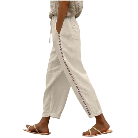 cfhntfmh Women Casual Lightweight Pants Drawstring Lace Side Eyelet Pants with Pockets Trendy Cropped Beach Pants
