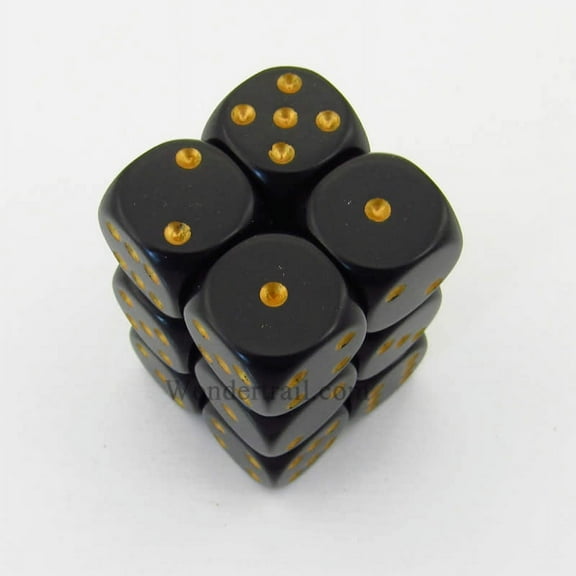 Black Opaque D6 Dice with Gold Pips 16mm (5/8in) Pack of 12 Dice Chessex