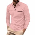 thumbnail image 2 of Polo Shirts for Men Long Sleeve V Neck Chest Pocket Classic Collared Shirts Men's Golf Shirts Casual Work Shirts Pink S, 2 of 5