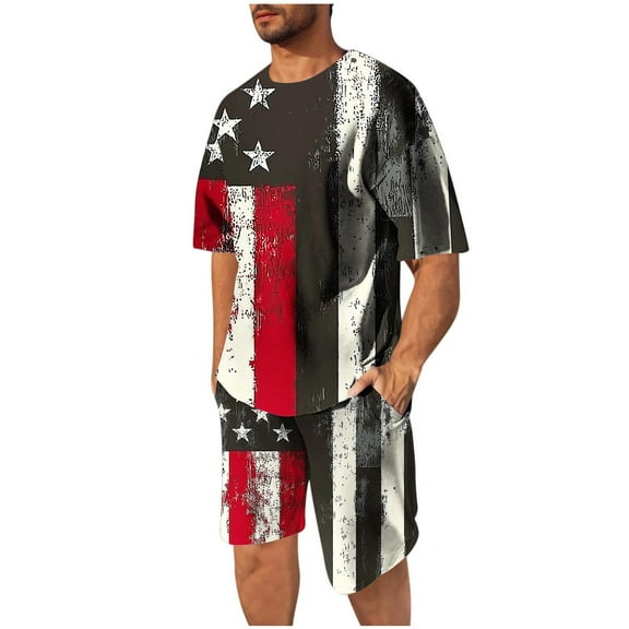 American Flag Patriotic Graphic Outfit Mens 4th of July Two-Piece Mid Waisted Elastic Short Pants Round Neck Short Sleeve Blouse Independence Day Set