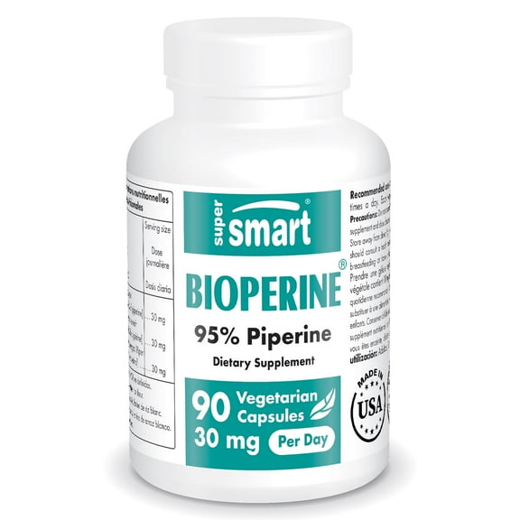 SuperSmart Bioperine 30mg per Day (95% Piperine) - Black Pepper Extract Supplement - Absorption Enhancer - Digestive Enzymes Support | Non-GMO & Gluten Free - 90 Vegetarian Capsules