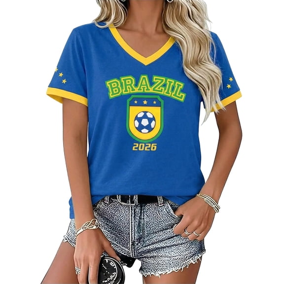 Women's Brazil V-Neck T-Shirt with "BRAZIL 2026" & Shield Crest – Patriotic Football Tee for Matches, Fan Events & Casual Wear – Comfortable Summer Top (S-XXXL)