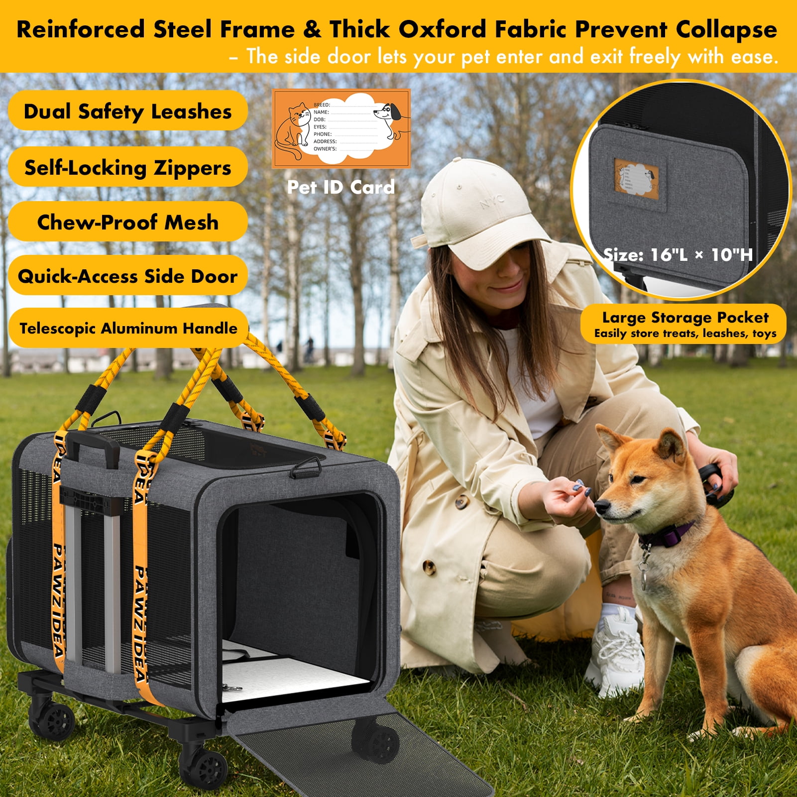 PAWZIDEA Expandable Large Pet Carrier with Wheels, 24x16x16 in Rolling Cat Carrier for 2–4 Cats up 55lb, Soft-Sided Collapsible Small Medium Dog Crate for Car Travel, Telescopic Handle