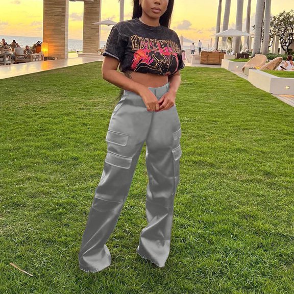 Ndbuld Women Cargo Pants Mid-waist Pocket Overalls Casual Pants In Spring and Summer ,XL,Gray